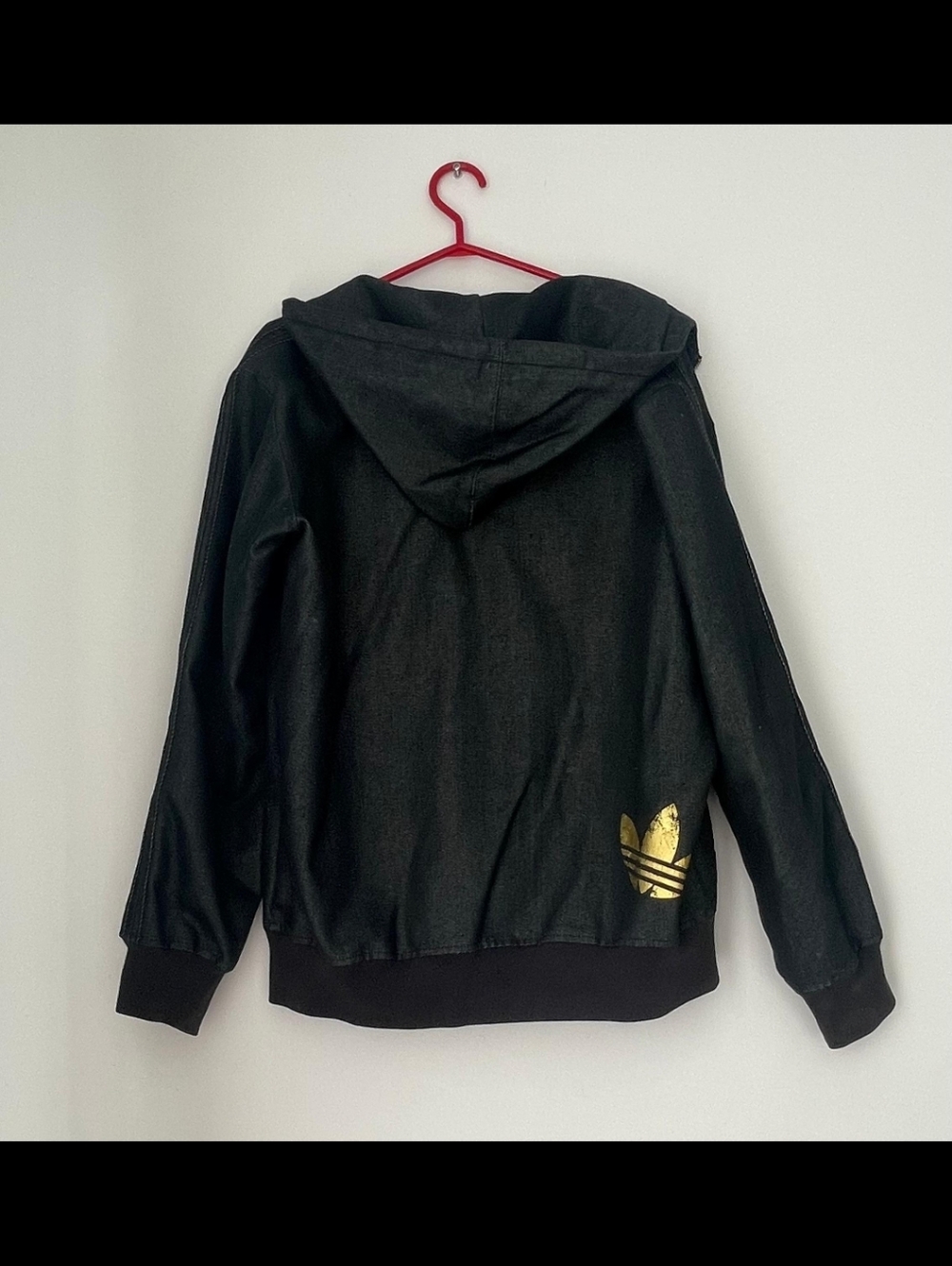 Adidas Black Denim Zip Hoodie ✦ Gold Trefoil ✦ Unisex Oversized L Y2K - Picture 3 of 7